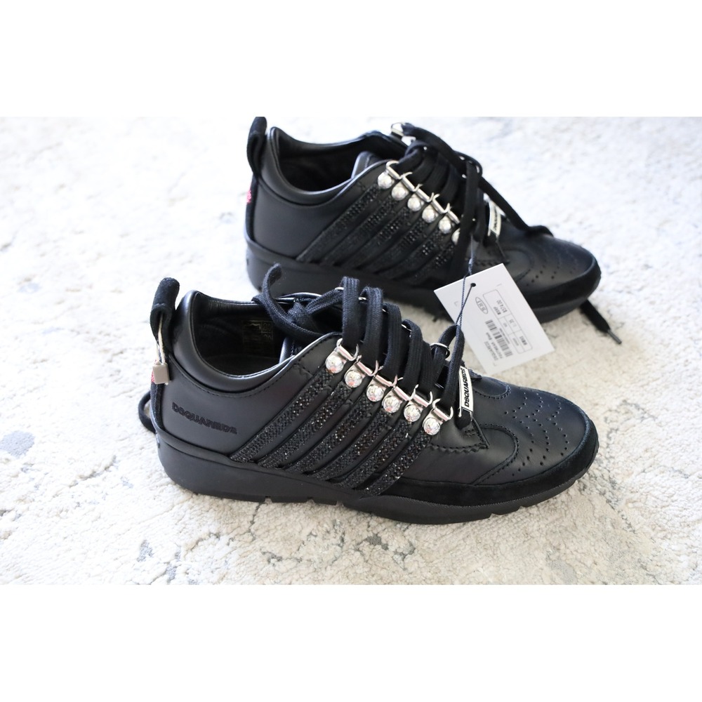 DSQUARED2 Black Leather Glitter Accent Lace Up Sneakers Shoes Women's Size 35 EU